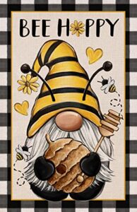 covido bee happy gnome spring decorative garden flag, buffalo plaid check summer yard outside decorations, farmhouse outdoor small home decor double sided 12 x 18