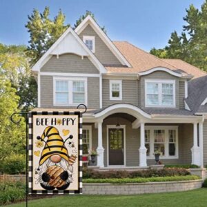 Covido Bee Happy Gnome Spring Decorative Garden Flag, Buffalo Plaid Check Summer Yard Outside Decorations, Farmhouse Outdoor Small Home Decor Double Sided 12 x 18