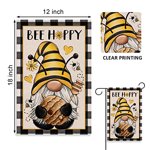 Covido Bee Happy Gnome Spring Decorative Garden Flag, Buffalo Plaid Check Summer Yard Outside Decorations, Farmhouse Outdoor Small Home Decor Double Sided 12 x 18