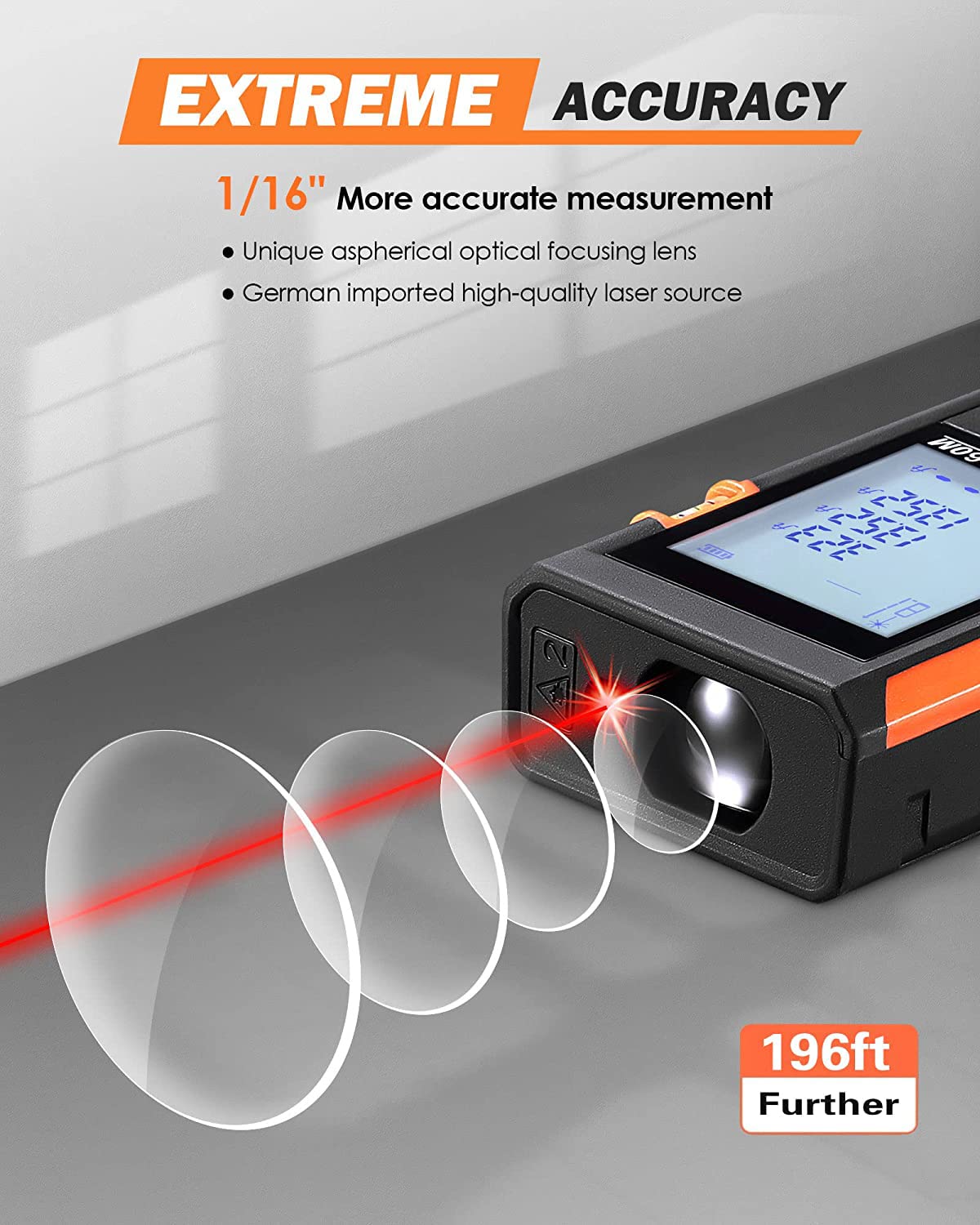 Classic Laser Measure，Digital Laser Measure w/2 Bubble Levels, M/in/Ft/Ft+in Unit Change, Large Backlit LCD, IP54 Shockproof & Waterproof, Live Measuring, Area, Volume, Pythagoras