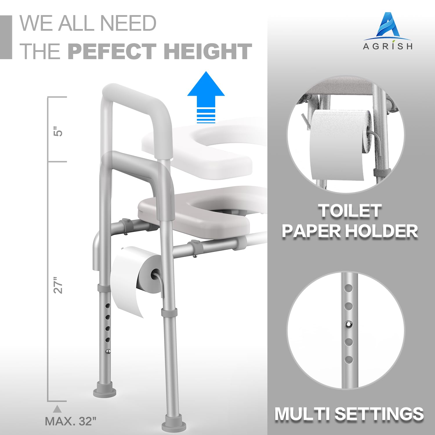 Agrish Raised Toilet Seat with Handles - Cozy Padded Elevated Medical Toilet Seat Riser, 350lb Adjustable Safety Assist Shower Chair for Elderly, Handicap, Pregnant - Gray