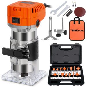 thinkwork compact router, 6.5-amp 1.25 hp compact wood palm router tool, 6 variable speeds wood trimmer with 15 pieces 1/4" router bits set, 30000r/min