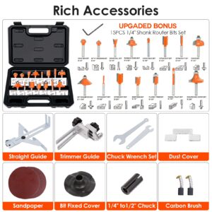 THINKWORK Compact Router, 6.5-Amp 1.25 HP Compact Wood Palm Router Tool, 6 Variable Speeds Wood Trimmer with 15 Pieces 1/4" Router Bits Set, 30000R/MIN