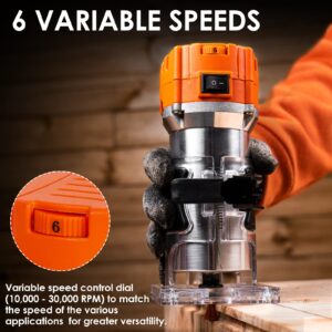 THINKWORK Compact Router, 6.5-Amp 1.25 HP Compact Wood Palm Router Tool, 6 Variable Speeds Wood Trimmer with 15 Pieces 1/4" Router Bits Set, 30000R/MIN
