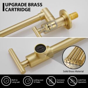 VAKITAP Gold Pot Fillers Wall Mount, Modern Pot Filler Faucet with Double Joint Swing Arm Design, Single Hole 2 Handles Kitchen Pot Filler Faucet, 3004-BG