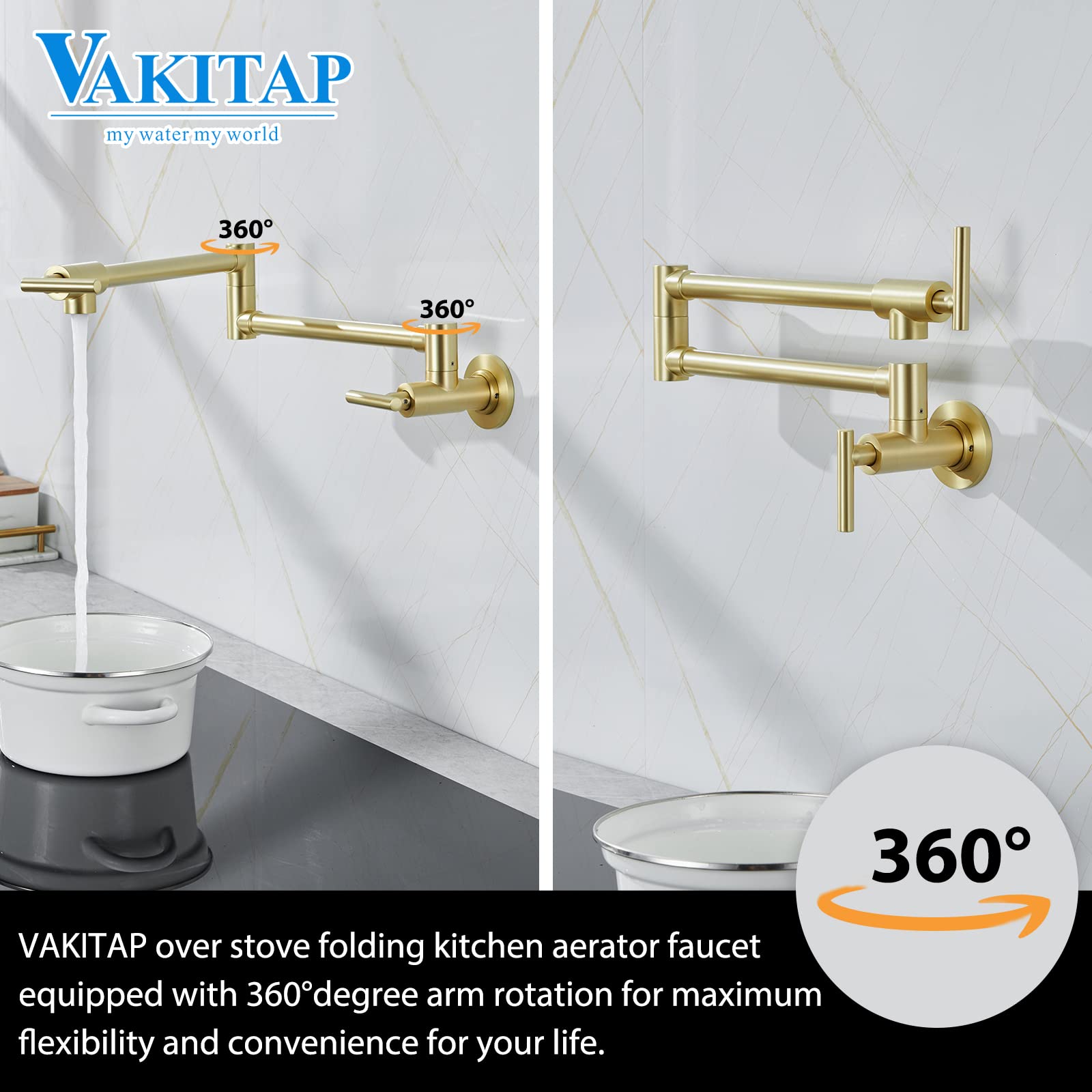 VAKITAP Gold Pot Fillers Wall Mount, Modern Pot Filler Faucet with Double Joint Swing Arm Design, Single Hole 2 Handles Kitchen Pot Filler Faucet, 3004-BG