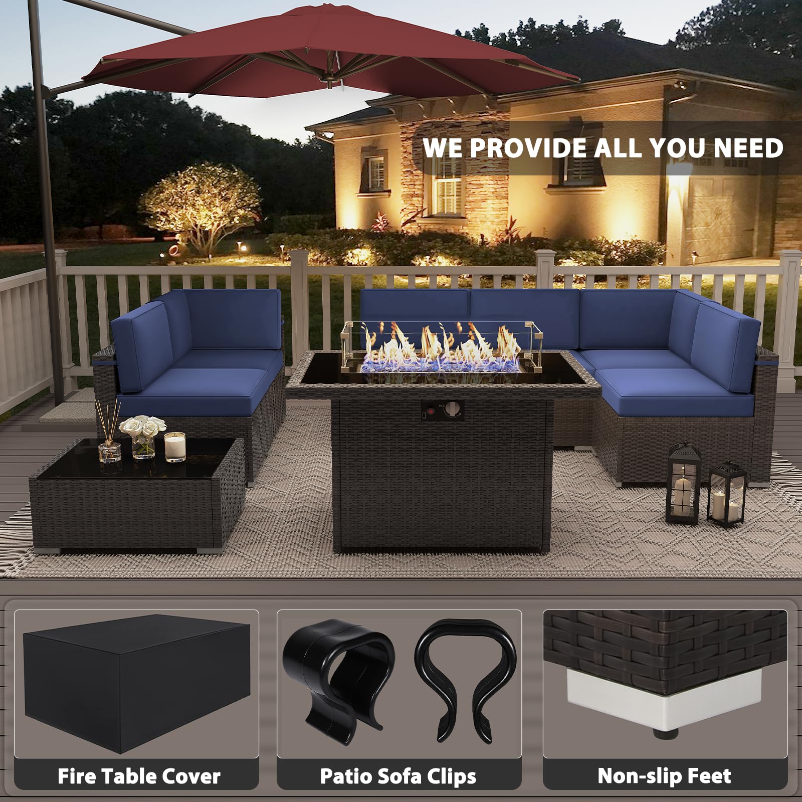 Vakollia 8 Pieces Patio Furniture Set with 44" Propane Gas Fire Pit Table, Outdoor Sectional Brown Rattan Wicker Conversation Sofa Sets with Coffee Table