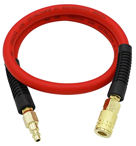 YOTOO Hybrid Lead-in Air Hose 3/8-Inch by 3-Feet 300 PSI Heavy Duty, Lightweight, Kink Resistant, All-Weather Flexibility with Bend Restrictors, 1/4" Industrial Quick Coupler and Plug, Red