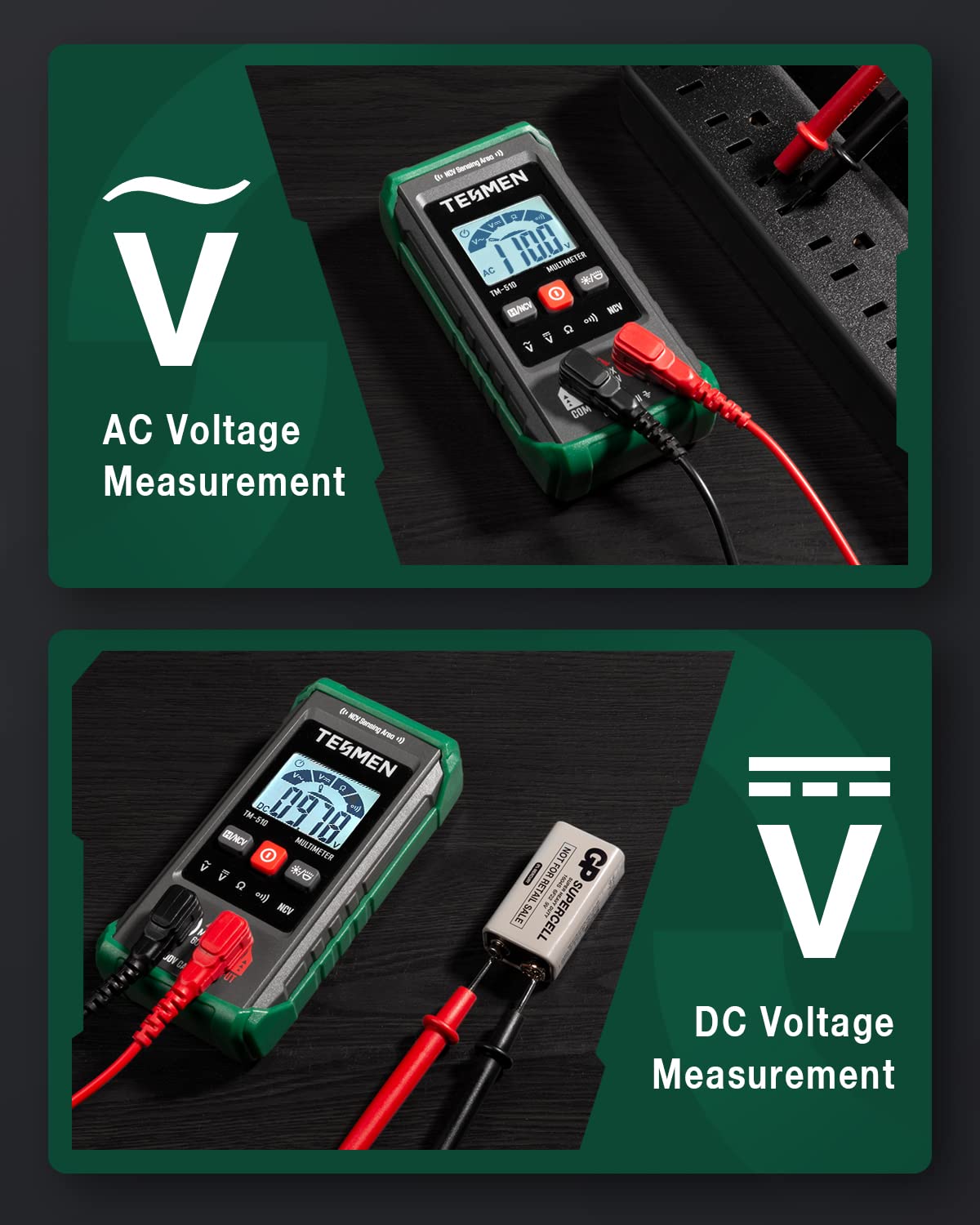 TESMEN TM-510 Digital Multimeter, 4000 Counts, Smart Measurement, Auto-Ranging Voltmeter; Voltage Tester with Non-Contact Voltage Function, Measures AC/DC Voltage, Resistance, Continuity – Green