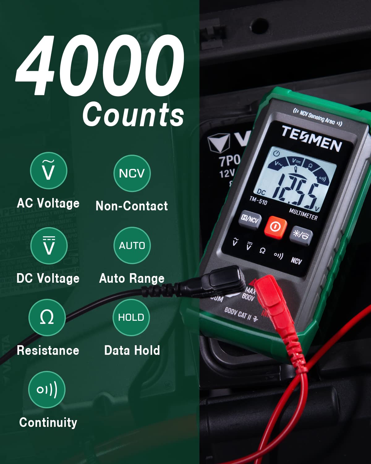 TESMEN TM-510 Digital Multimeter, 4000 Counts, Smart Measurement, Auto-Ranging Voltmeter; Voltage Tester with Non-Contact Voltage Function, Measures AC/DC Voltage, Resistance, Continuity – Green