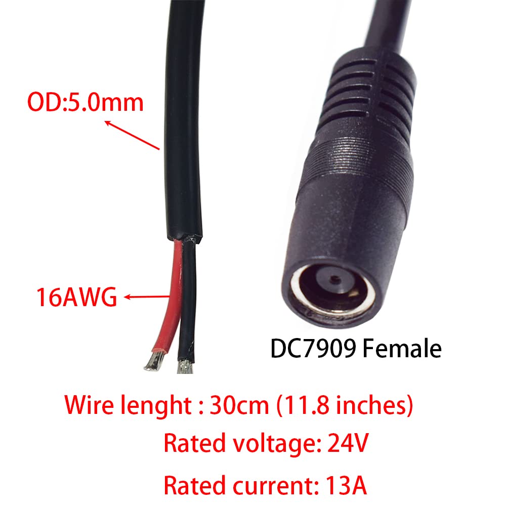 3PCS DC7909 DC8mm Power Cable, 12V 24V DC 8mm Female Plug to Bare Wire Open End Power Wire Supply Repair Cable, 16AWG DC 7.9 x 5.5mm Barrel Connector Pigtail for Solar Cell,Outdoor Power Supply(0.3m)