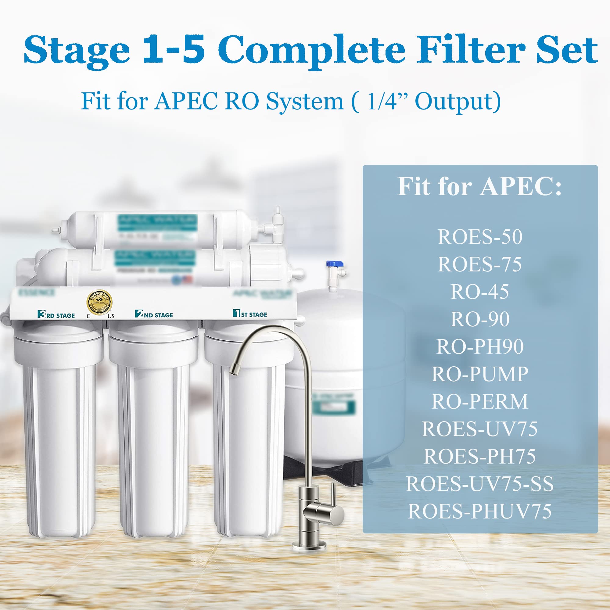 Vegebe 1-5 Stage 100 GPD RO Water Filter Set Replacement Fit for APEC Reverse Osmosis System (1/4" Output)