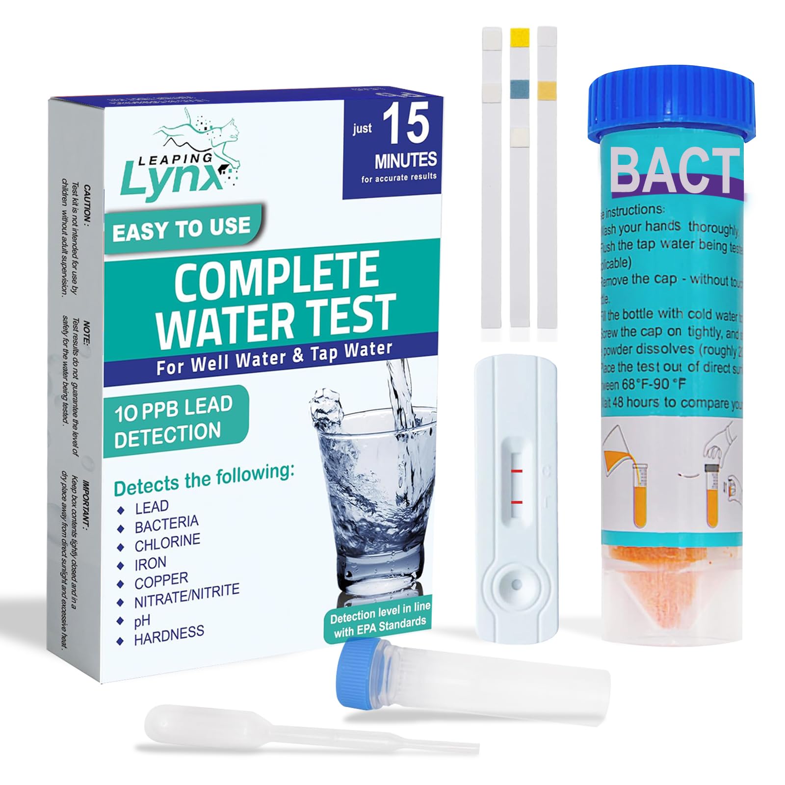 EPA-Recommended Detection Water Test Kit for Lead, Bacteria, Hardness, pH, Nitrate, Nitrite, Chlorine, Iron & Copper - for Well Water & Tap Water, Rapid Results with Easy Instructions