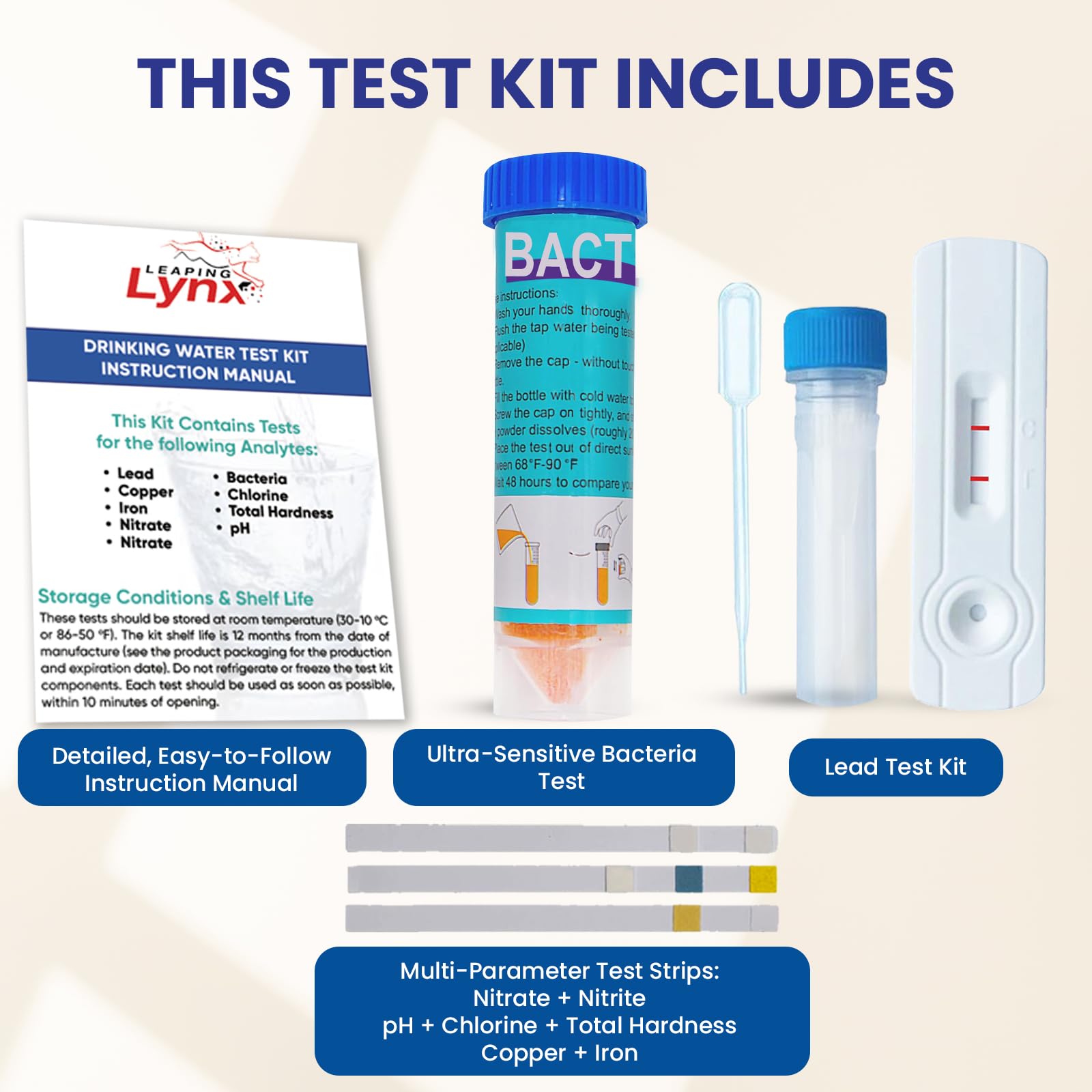 EPA-Recommended Detection Water Test Kit for Lead, Bacteria, Hardness, pH, Nitrate, Nitrite, Chlorine, Iron & Copper - for Well Water & Tap Water, Rapid Results with Easy Instructions