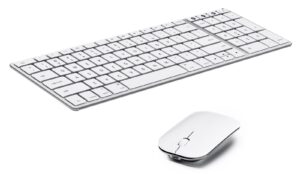 wireless bluetooth keyboard and mouse compatible for mac, seenda stainless steel multi-device keyboard and mouse rechargeable with number pad, compatible for mac, ipad, ios, silver