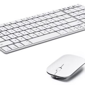 Wireless Bluetooth Keyboard and Mouse Compatible for Mac, seenda Stainless Steel Multi-Device Keyboard and Mouse Rechargeable with Number Pad, Compatible for Mac, iPad, iOS, Silver