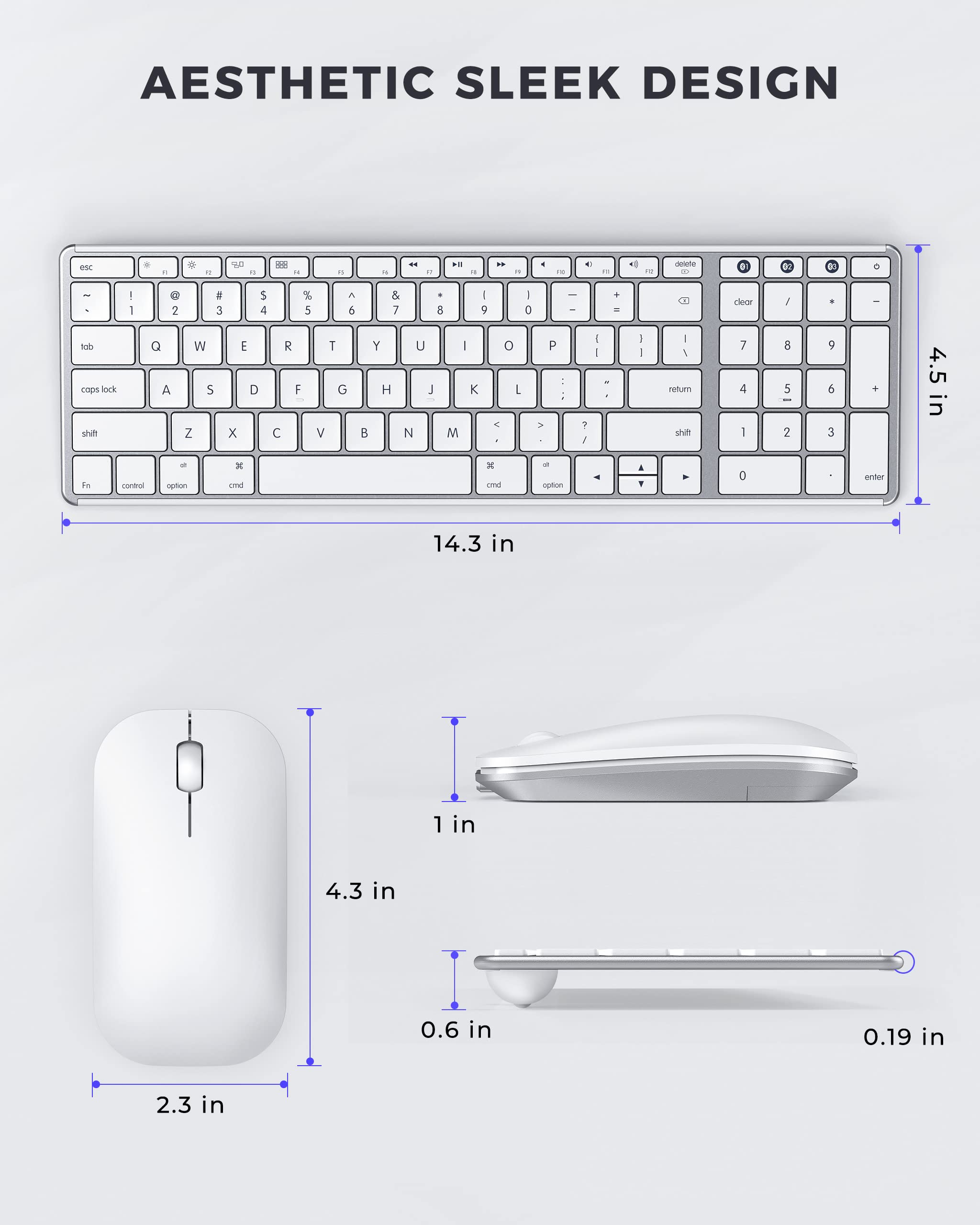 Wireless Bluetooth Keyboard and Mouse Compatible for Mac, seenda Stainless Steel Multi-Device Keyboard and Mouse Rechargeable with Number Pad, Compatible for Mac, iPad, iOS, Silver