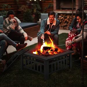 MoNiBloom 32" Outdoor Fire Pit Table Wood Burning Fireplace Backyard Patio Firepit Desk with Grill Spark Screen Cover for Outside Beach Camping Picnic, Black