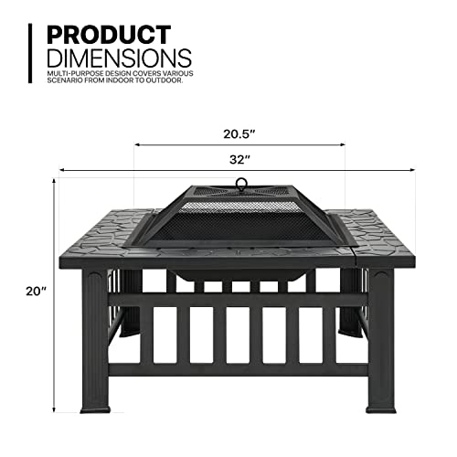 MoNiBloom 32" Outdoor Fire Pit Table Wood Burning Fireplace Backyard Patio Firepit Desk with Grill Spark Screen Cover for Outside Beach Camping Picnic, Black