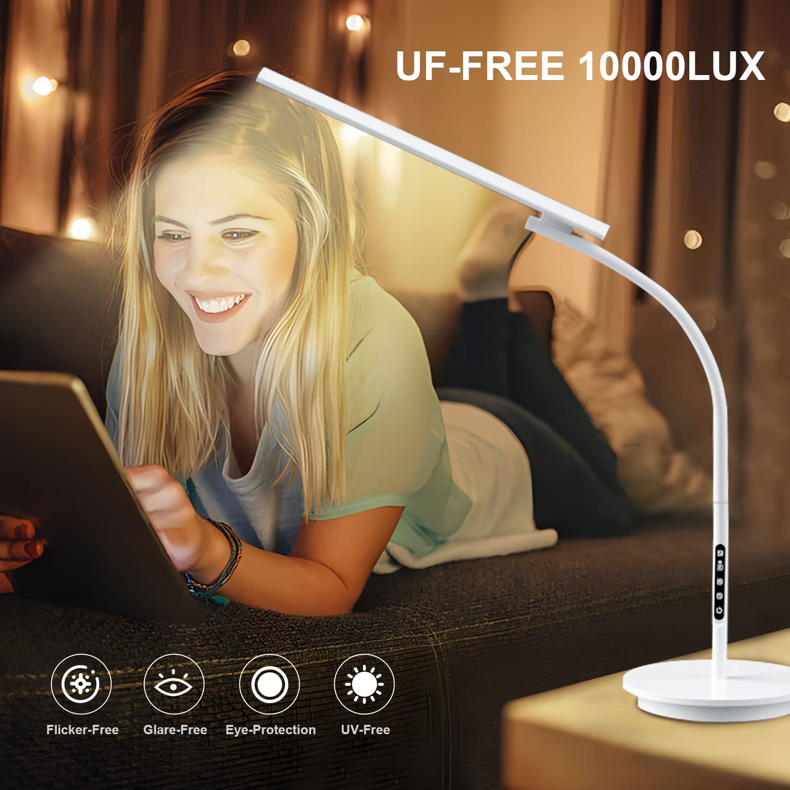 Light Therapy Lamp, UV-Free 10000 Lux Happy Therapy Light, Floor Sun Therapy Lamp with Remote & Touch Control & Adjustable Gooseneck for Reading/Office/Home