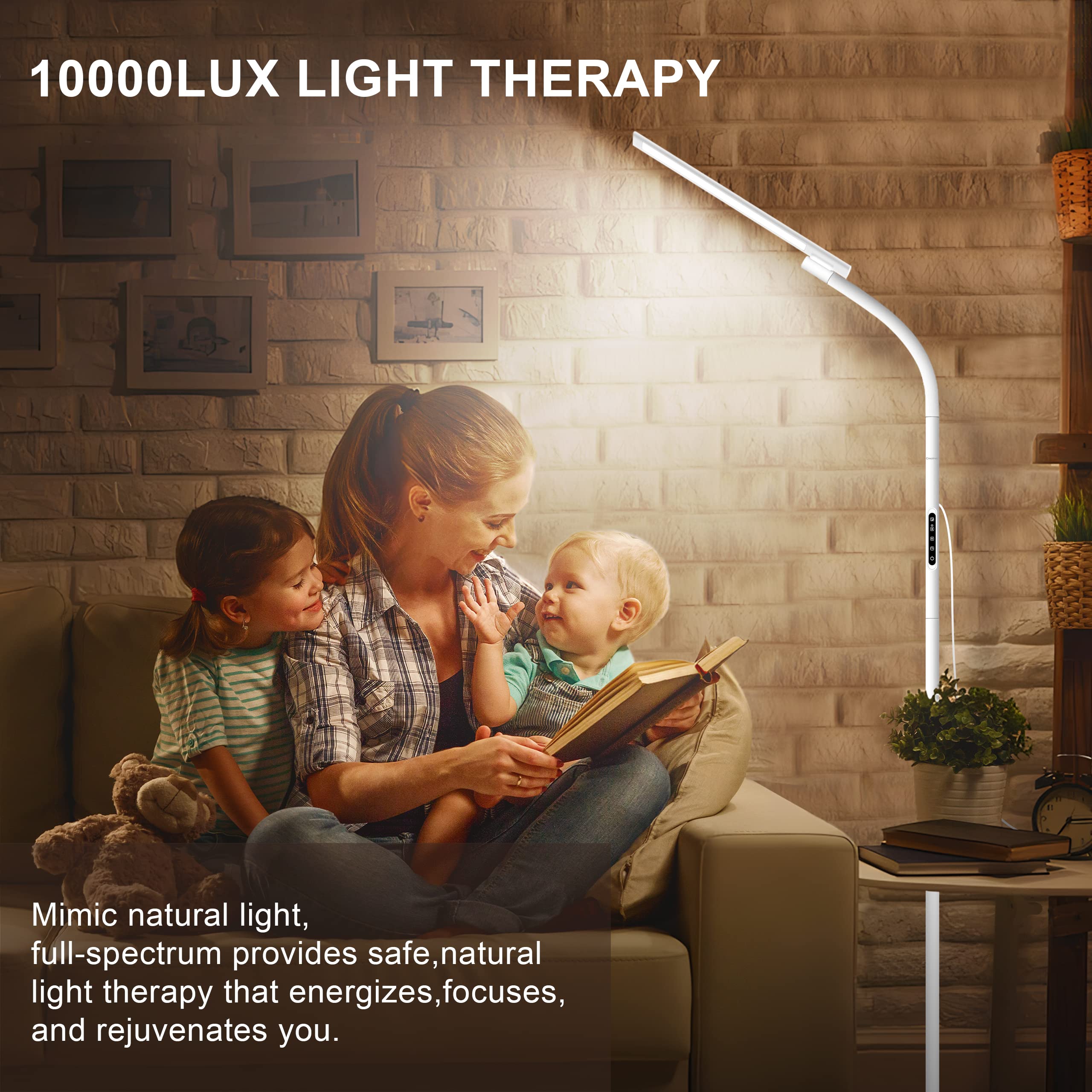 Light Therapy Lamp, UV-Free 10000 Lux Happy Therapy Light, Floor Sun Therapy Lamp with Remote & Touch Control & Adjustable Gooseneck for Reading/Office/Home