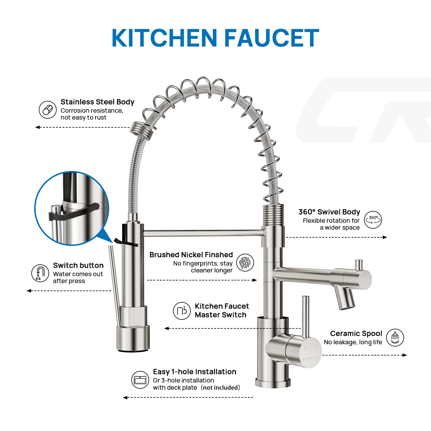 Kitchen Faucets,Craftespirit Kitchen Faucet with Pull Down Sprayer Kitchen Sink Faucet Brushed Nickel Kitchen Faucet with Sprayer