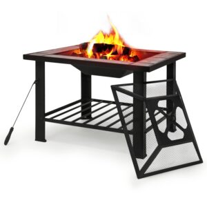 monibloom 30" protable fire pit table square metal firepit patio wood burning fireplace garden stove with charcoal rack mesh cover for camping bonfire backyard bbq, black