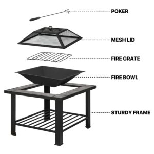 MoNiBloom 30" Protable Fire Pit Table Square Metal Firepit Patio Wood Burning Fireplace Garden Stove with Charcoal Rack Mesh Cover for Camping Bonfire Backyard BBQ, Black