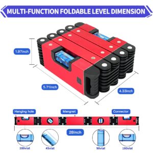 Multi-Function Foldable Level, 28 Inch Foldable Level Measuring Tool with 4 Easy-Read Level Bubbles 45°/90°/180°, Multi-Angle Measurement Woodworking Tool for Carpenters, Woodworkers, Fabricators