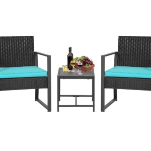 FDW 3 Piece Outdoor Bistro Set Patio Furniture Sets Wicker Patio Chairs Rattan Outdoor Furniture for Backyard Porch Poolside Lawn,Blue Cushion