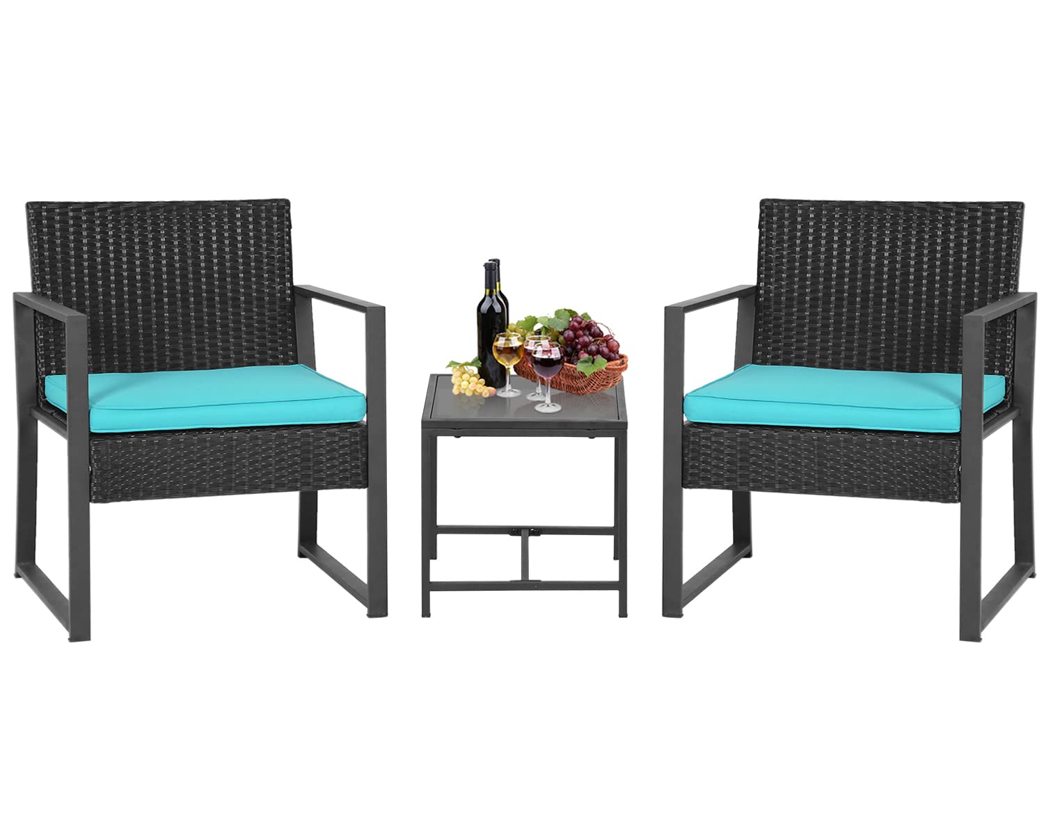 FDW 3 Piece Outdoor Bistro Set Patio Furniture Sets Wicker Patio Chairs Rattan Outdoor Furniture for Backyard Porch Poolside Lawn,Blue Cushion