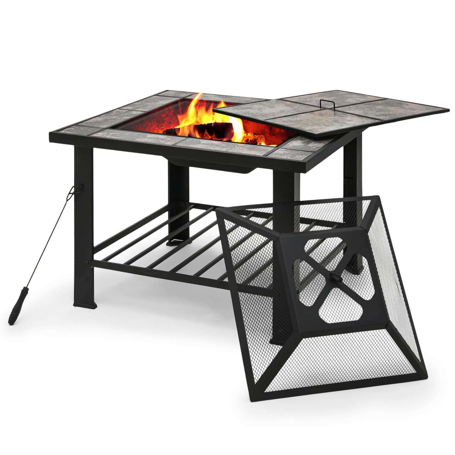 MoNiBloom 30" Square Fire Pit Table Outdoor Metal Protable Firepit with Charcoal Rack Mesh Cover Wood Burning Fireplace for Patio Backyard Picnic Garden, Black