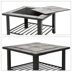 MoNiBloom 30" Square Fire Pit Table Outdoor Metal Protable Firepit with Charcoal Rack Mesh Cover Wood Burning Fireplace for Patio Backyard Picnic Garden, Black