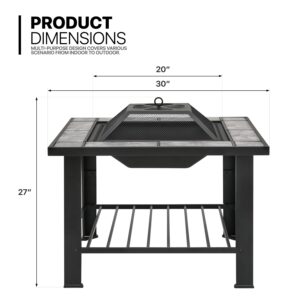 MoNiBloom 30" Square Fire Pit Table Outdoor Metal Protable Firepit with Charcoal Rack Mesh Cover Wood Burning Fireplace for Patio Backyard Picnic Garden, Black