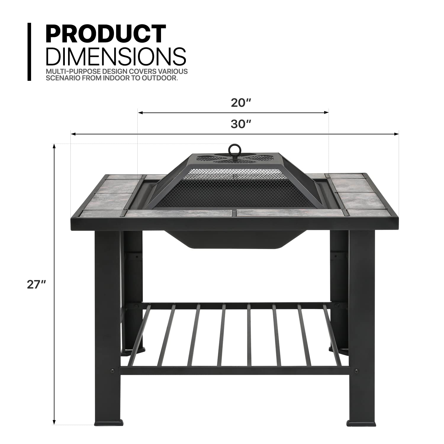 MoNiBloom 30" Square Fire Pit Table Outdoor Metal Protable Firepit with Charcoal Rack Mesh Cover Wood Burning Fireplace for Patio Backyard Picnic Garden, Black