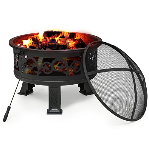 MoNiBloom 26" Fire Pit Floral Pattern Round Bonfire Outdoor Firepit Wood Burning Outdoor Fireplace with Mesh Spark Screen for Outside Backyard Bonfire Patio, Black