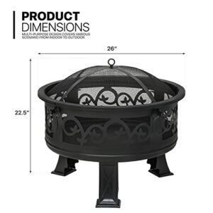 MoNiBloom 26" Fire Pit Floral Pattern Round Bonfire Outdoor Firepit Wood Burning Outdoor Fireplace with Mesh Spark Screen for Outside Backyard Bonfire Patio, Black