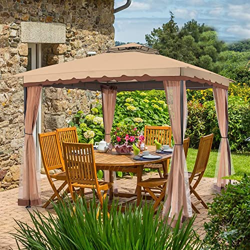 FAB BASED 10x13 Patio Gazebo with Mosquito Netting and Sand Bag - Aluminum Pole & Polyester Top, Fireproof Enclosure & Waterproof Screen Tent, Garden Pavilion for Patio, Backyard, Lawn (Khaki)