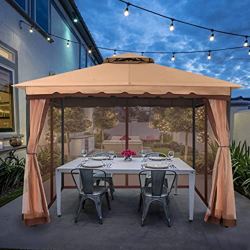 FAB BASED 10x13 Patio Gazebo with Mosquito Netting and Sand Bag - Aluminum Pole & Polyester Top, Fireproof Enclosure & Waterproof Screen Tent, Garden Pavilion for Patio, Backyard, Lawn (Khaki)