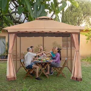 FAB BASED 10x13 Patio Gazebo with Mosquito Netting and Sand Bag - Aluminum Pole & Polyester Top, Fireproof Enclosure & Waterproof Screen Tent, Garden Pavilion for Patio, Backyard, Lawn (Khaki)