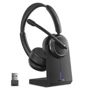 levn wireless headset, bluetooth headset with noise canceling microphone & charging base, 65 hrs working time 2.4g headset with microphone for pc/laptop/computer/remote work/call center/zoom