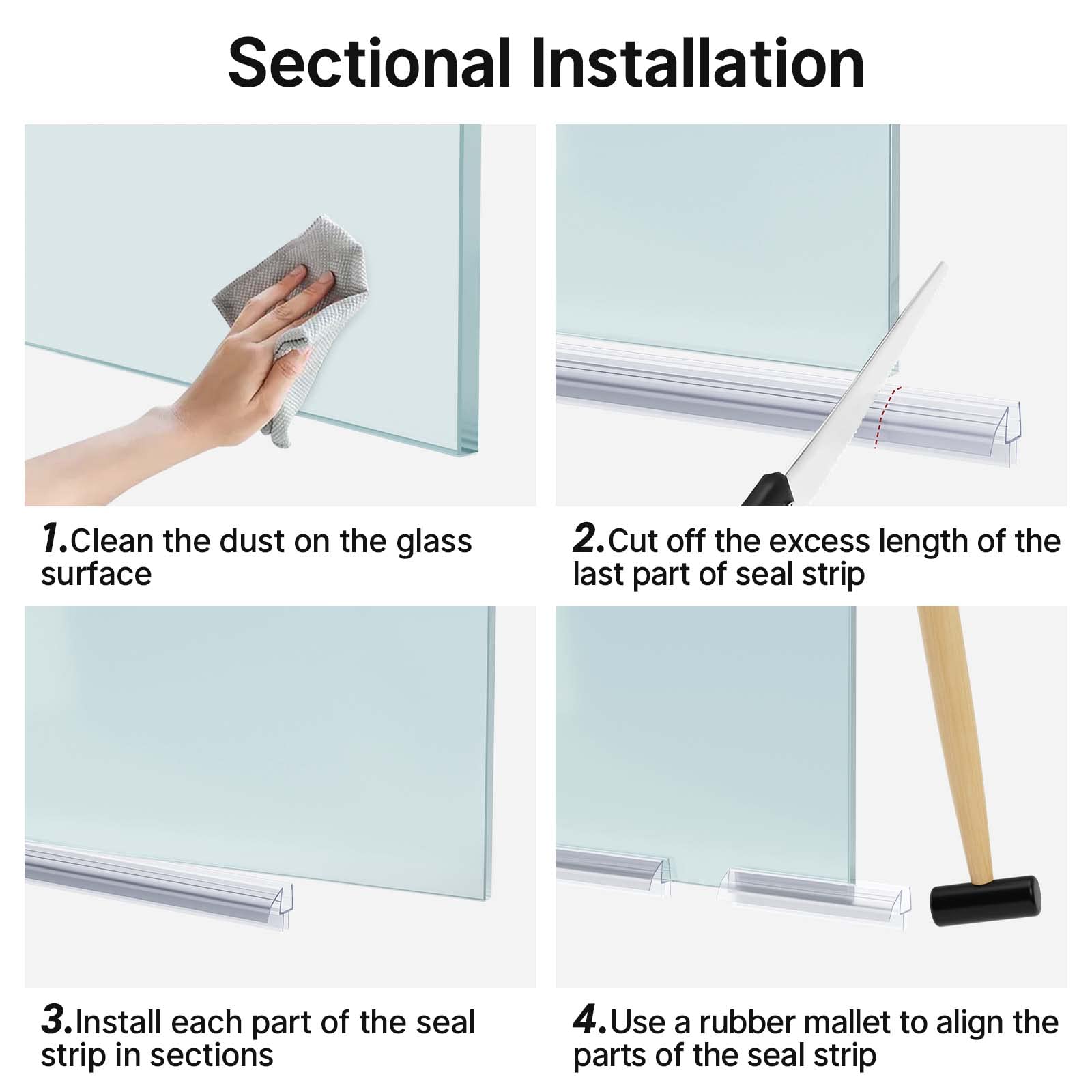 AmazerBath Shower Door Bottom Seal, 3 Section Segmented Installation Frameless Glass Shower Door Seal Strip - Suitable for 3/8 Inch Glass, 47.25 Inch(15.75 Inch * 3)