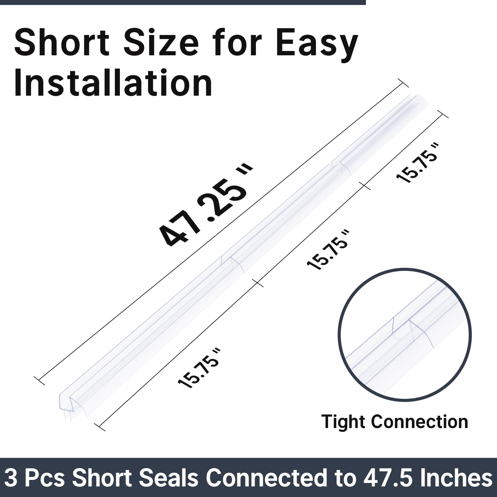 AmazerBath Shower Door Bottom Seal, 3 Section Segmented Installation Frameless Glass Shower Door Seal Strip - Suitable for 3/8 Inch Glass, 47.25 Inch(15.75 Inch * 3)