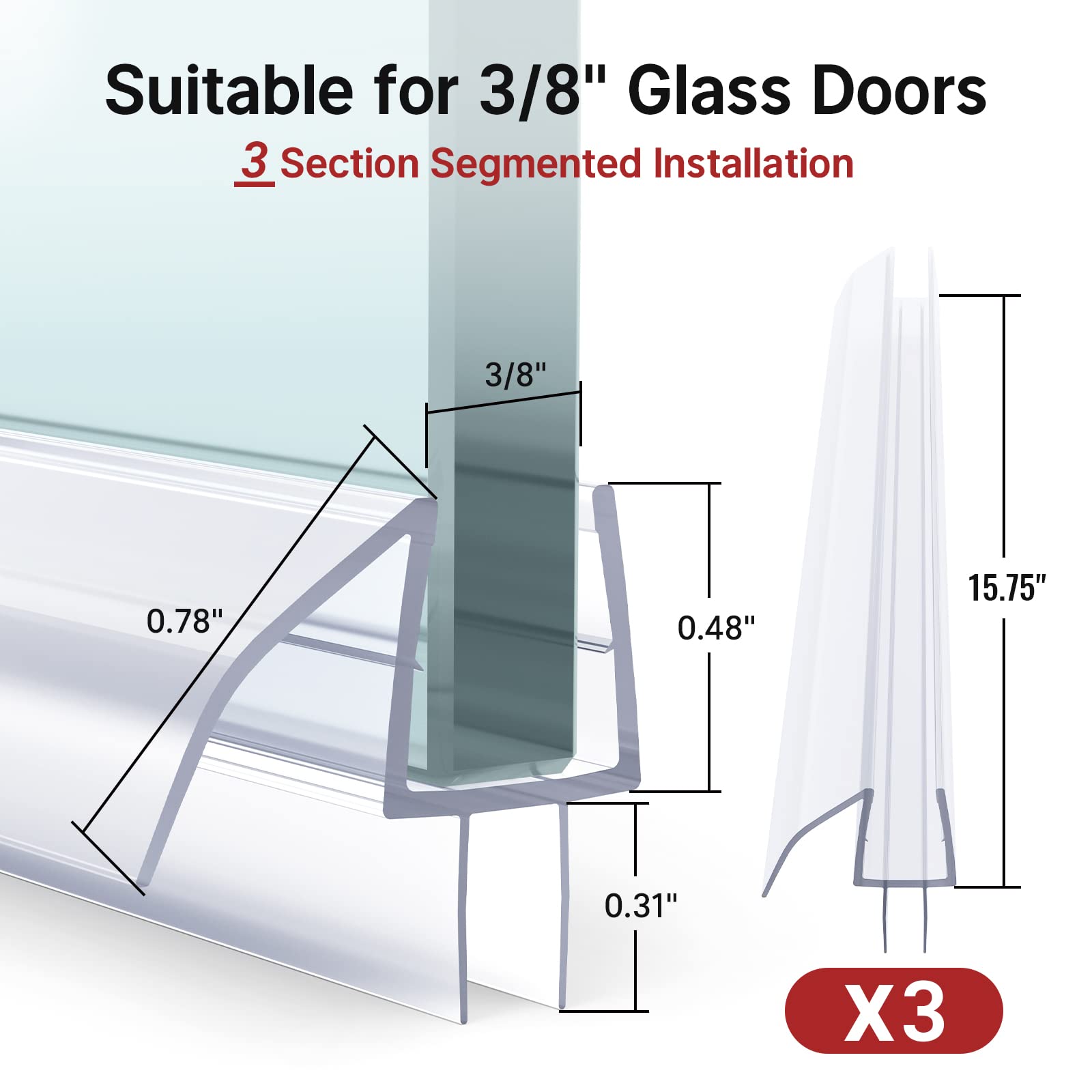 AmazerBath Shower Door Bottom Seal, 3 Section Segmented Installation Frameless Glass Shower Door Seal Strip - Suitable for 3/8 Inch Glass, 47.25 Inch(15.75 Inch * 3)