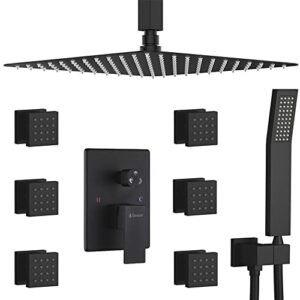dasan full body shower system with 6 pcs body spray jets & 12'' rain shower head & handheld, ceiling mount rain shower system matte black shower faucets sets complete with valve, sa-ss03amb-s12c