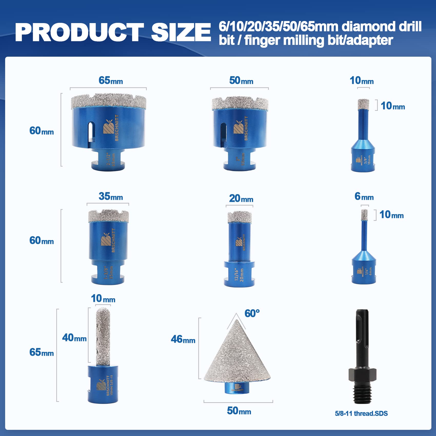 Diamond Core Drill Bit Set for Porcelain Tile Ceramic Marble Granite Drilling（1/4" 3/8" 4/5" 1-3/8" 2" 2-1/2" 4“）