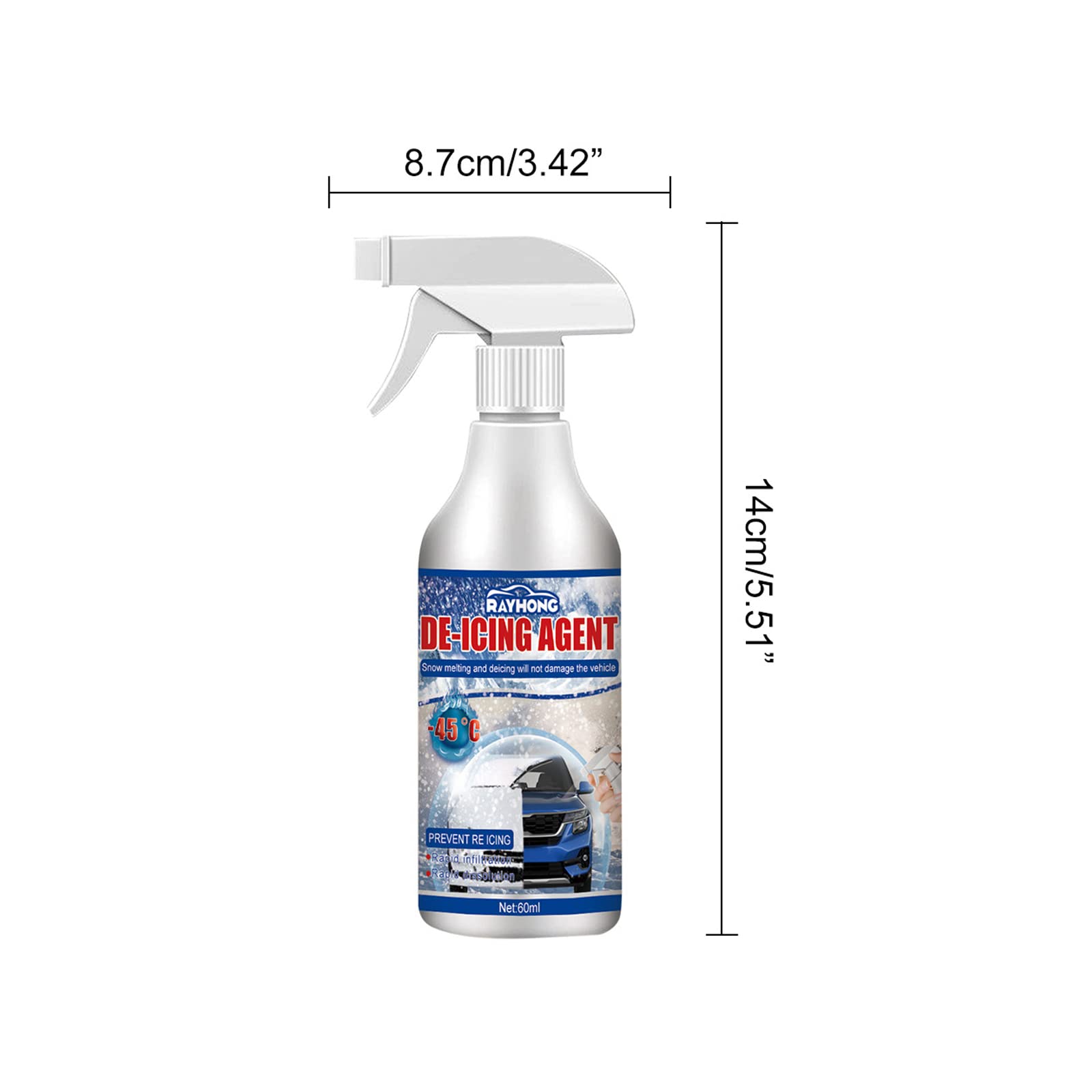 Car Windshield De-icer Snow Melting Spray Deicing Agent Fast Ice Melting Spray Defrosting Anti Frost Spray Windows Mirrors and Wipers 3.35 oz Aerosol, 60ml