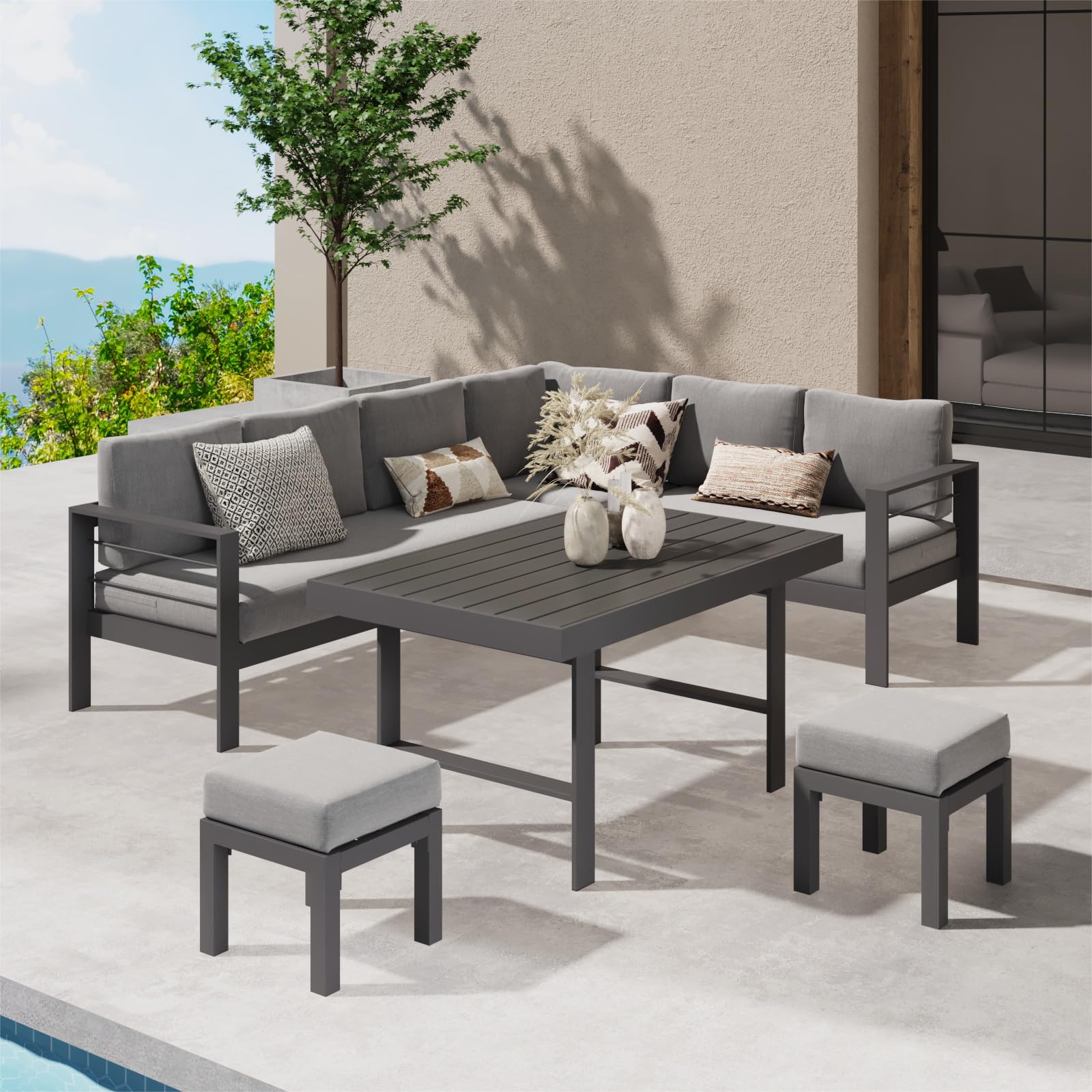 Wisteria Lane Aluminum Outdoor Patio Furniture Set, Metal Outside Patio Furniture Conversation Sets with Dining Table&2 Ottomans, Sectional Sofa Couch Seating Set with Cushion for Backyard