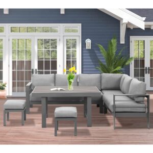 Wisteria Lane Aluminum Outdoor Patio Furniture Set, Metal Outside Patio Furniture Conversation Sets with Dining Table&2 Ottomans, Sectional Sofa Couch Seating Set with Cushion for Backyard