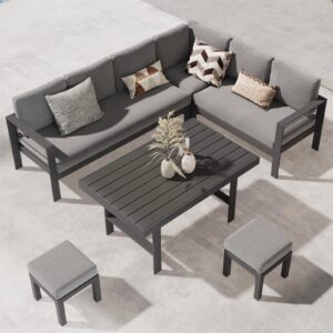 Wisteria Lane Aluminum Outdoor Patio Furniture Set, Metal Outside Patio Furniture Conversation Sets with Dining Table&2 Ottomans, Sectional Sofa Couch Seating Set with Cushion for Backyard